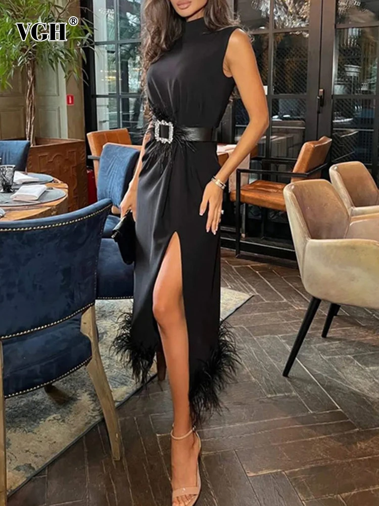 

VGH Summer Solid Dress For Women Round Neck Sleeveless High Waist Patchwork Feathers Hem Side Split Dresses Female Clothing 2022
