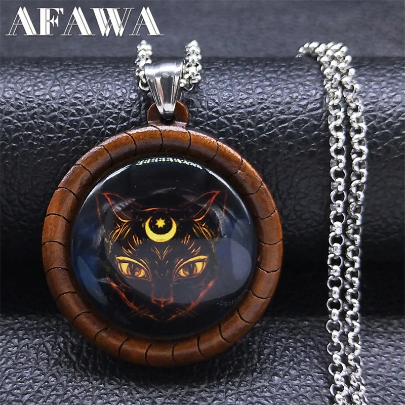 

Witchcraft Moon Imprint Textured Cat Face Necklace Stainless Steel Glass Amulet Pendant Necklace Jewelry cordao masculino NJ34S2