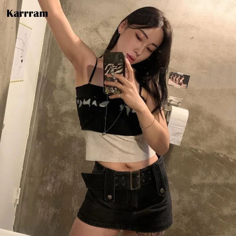 

Karrram корейская мода пэчворк Camisole Kpop сексуальный тонкий Топ Готический гранж кроп-топы женские Y2k Cami Топ уличная одежда лето