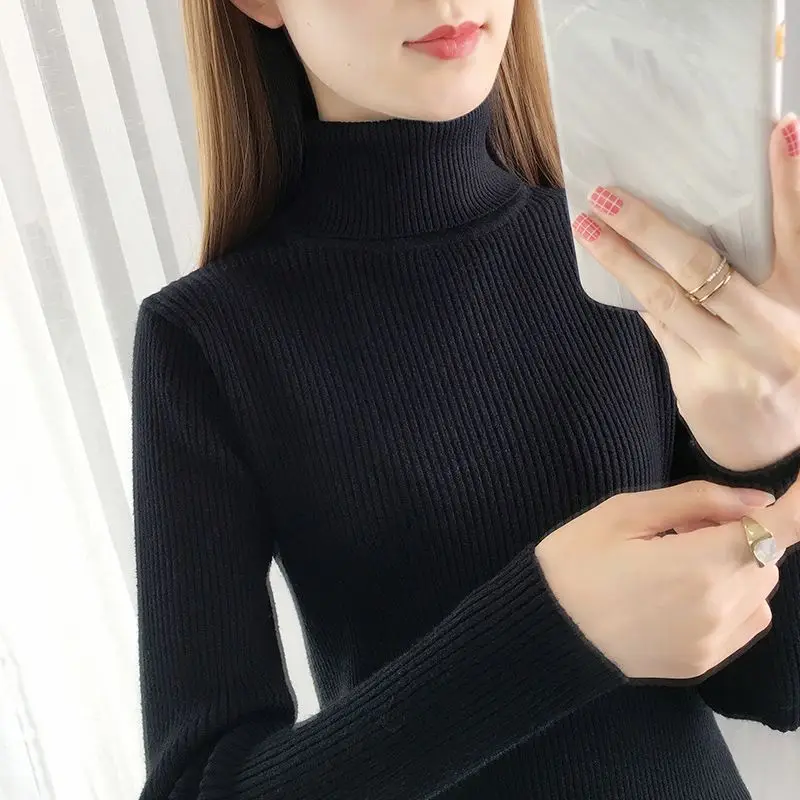 

Solid Color Turtleneck Bottoming Women Autumn Winter 2023 Slim Long Sleeve Knitted Clothes Sweater Pullover Knitwear Female V2