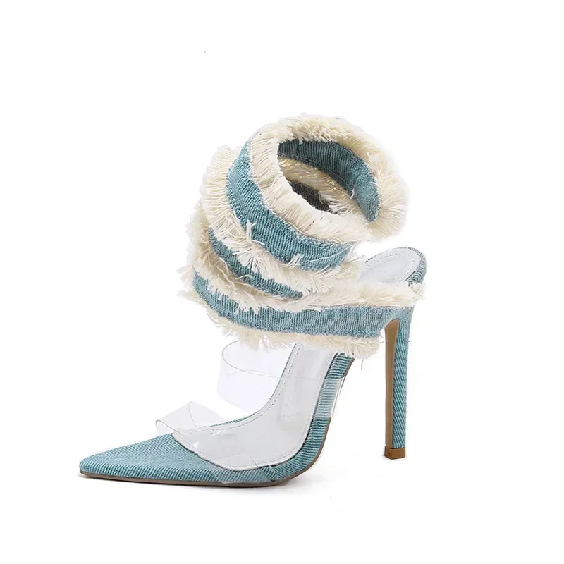 Сексуальные джинсовые весенние босоножки на высоком каблуке в европейском и