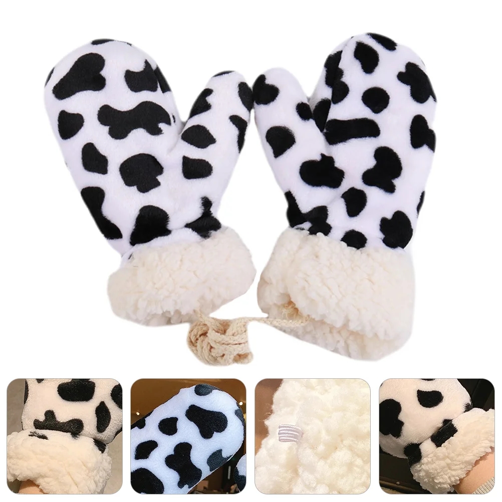 

Winter Mittens Gloves Warm Kid Mitts Thickened Glove Cow Cartoon Plush Christmasfluffy Ski Girlbaby Lanyard Outdoor Toddler