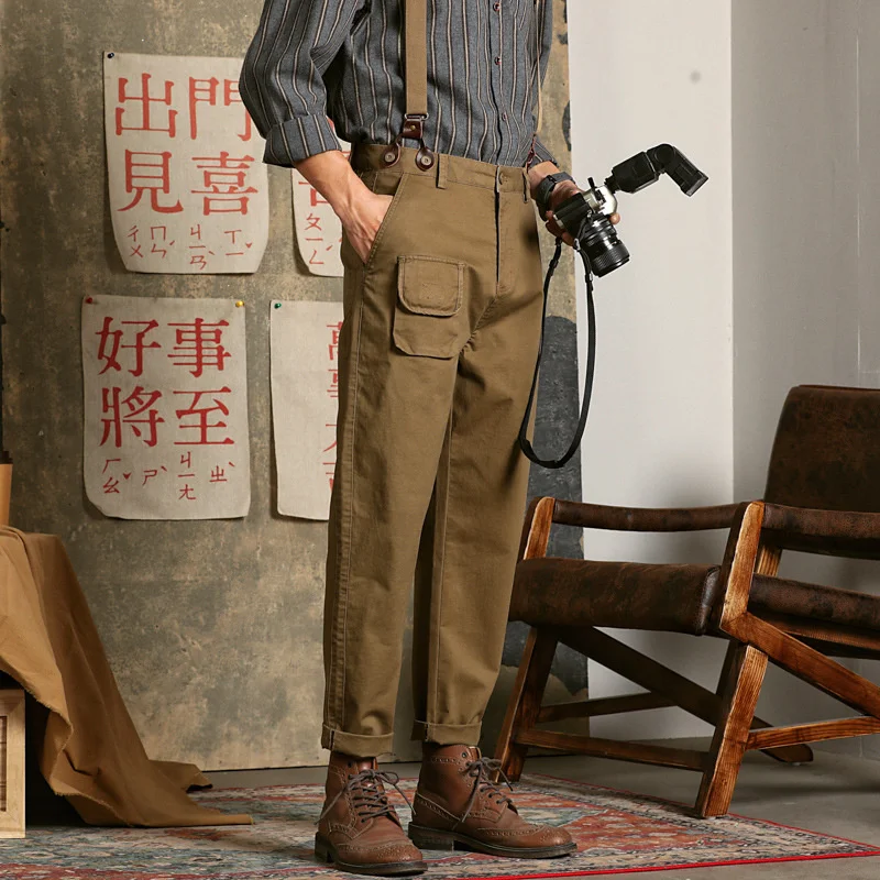 

Japanese Casual Overalls Men's Yout Elastic Suspenders Kaki Jumpsuit Loose Strait Trousers Vintae entleman Leisure Pants