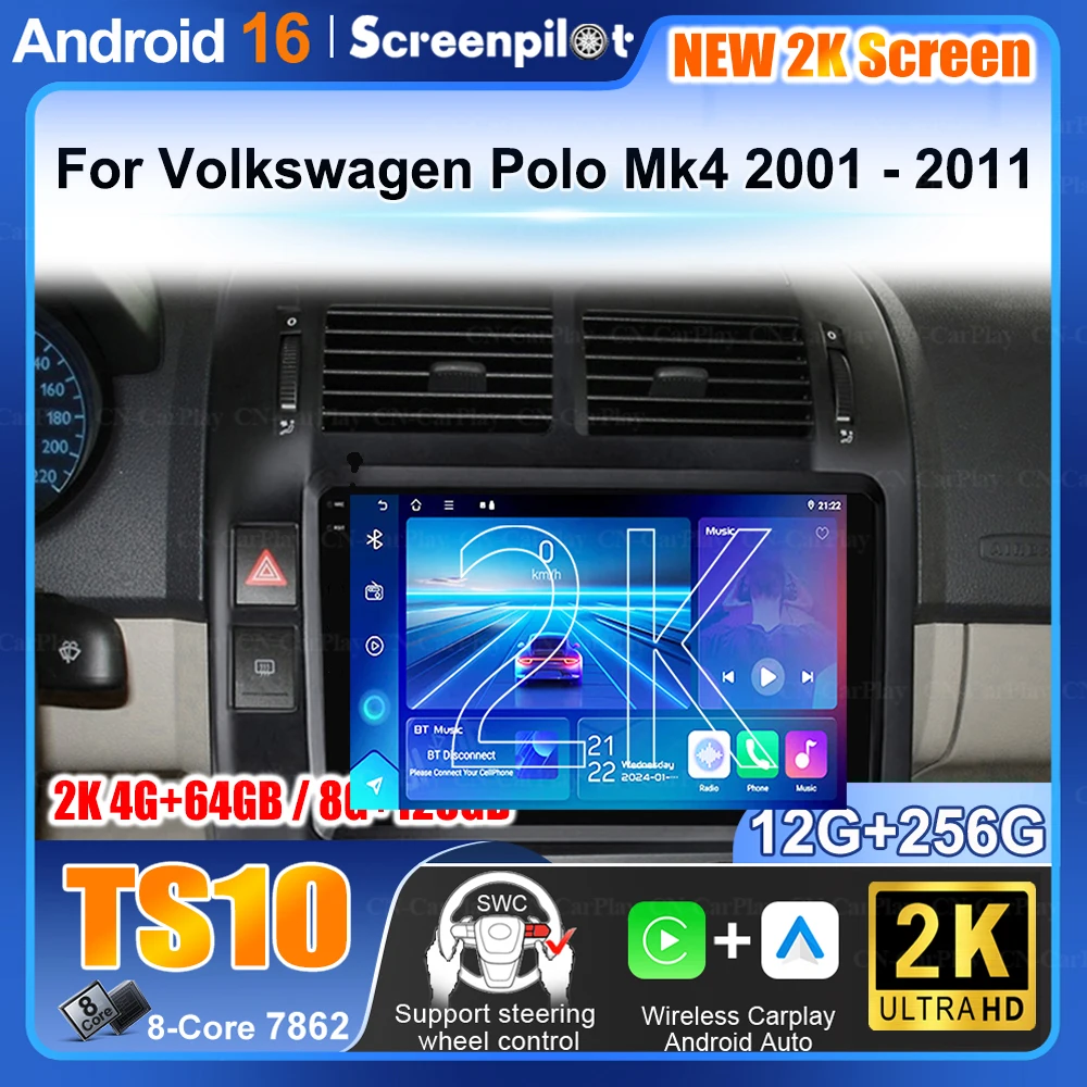 Фото Автомагнитола Android 16 для Volkswagen Polo Mk4 2001-2011, мультимедийный плеер с Carplay, Auto Stereo, GPS-навигацией, 2din, DSP, головное устройство №1