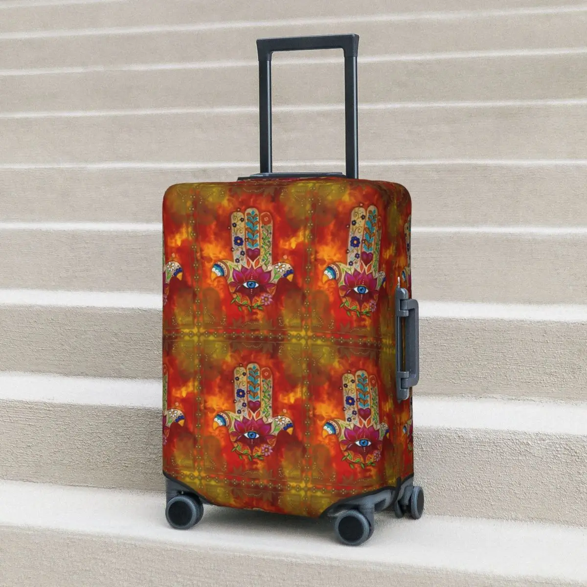 

Orange Hamsa Hand Suitcase Cover Vintage Print Travel Protection Holiday Useful Luggage Accesories