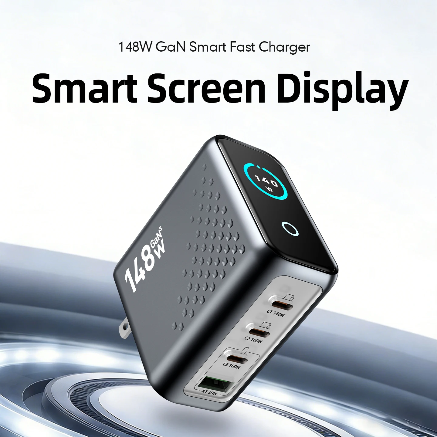 Фото Новый многопортовый адаптер быстрой зарядки GaN 148 Вт с дисплеем, 3 порта USB-C, 1 порт USB-A, для телефонов, планшетов и других устройств, дропшиппинг №2