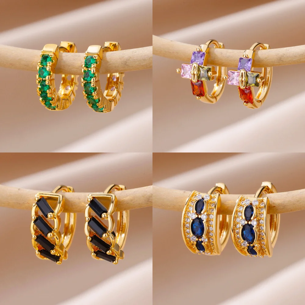 

Stainless Steel Round Hoop Earrings for Women Gold Plated CZ Colored Zircon Geometric Earring Cuff Piercing Wedding Jewelry Gift
