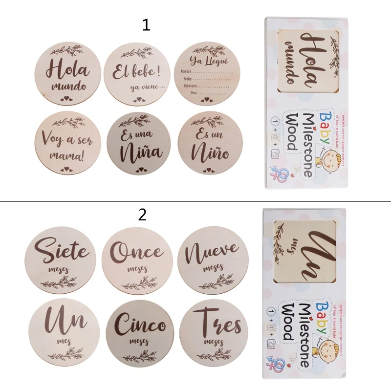 

6 Pcs/Set Handmade Baby Milestone Cards Newborn Monthly Recording Cards Spanish Language Letters Leaves Print Photocards Infants