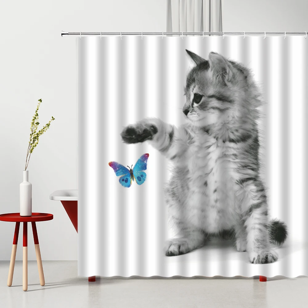 Funny Cute Cat Shower Curtain 3D Printed Animal Pattern Fabric Waterproof Polyester Home Decor Bathroom Accessor Cortina De Baño