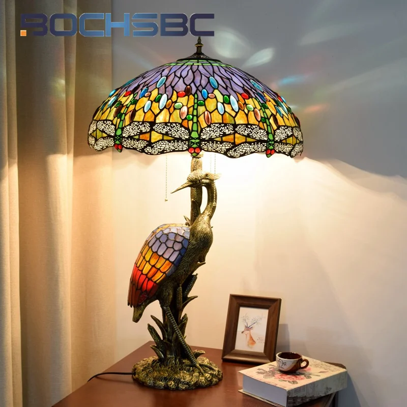 

BOCHSBC Тиффани Ретро Стиль Стрекоза Настольная лампа из витражного стекла Арт-Деко Гостиная Столовая гостиница учебная кровать кран Рабочая лампа