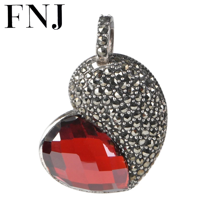 

FNJ 925 Silver MARCASITE Heart Pendant Original Pure S925 Silver Pendants for Jewelry Making Women Red Zircon
