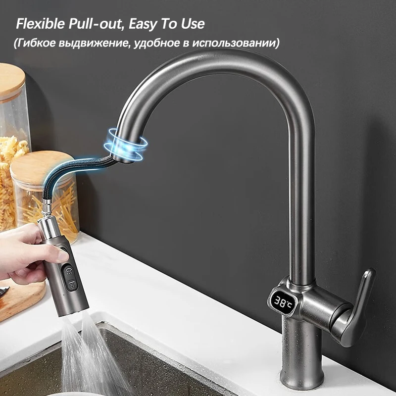 Светодиодный дисплей температуры кухонный кран выдвижной 3-режимный смеситель