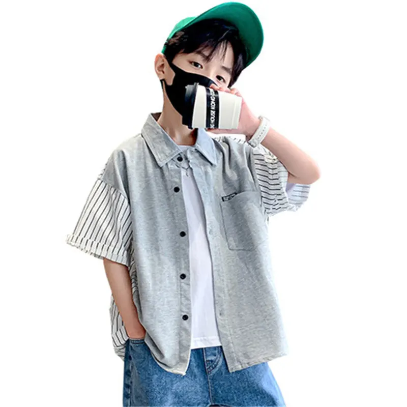 

Teen Boys Shirts 2022 Summer New Casual Short Sleeve Vertical Stripe Cotton Blouse Top Kids Outfit Teenage Clothes 5-14Years Old