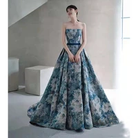 2022 cyan gorgeous celebrity gowns strapless detachable sleeve a line slim pleat belt princess host party formal evening dresses