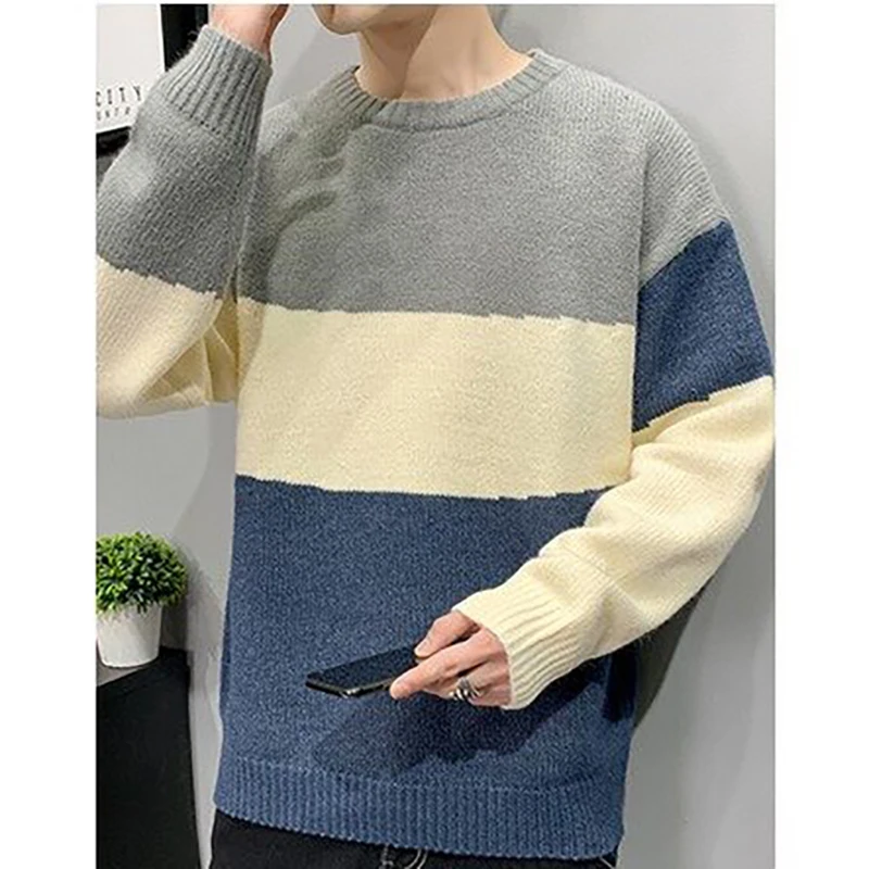 Casual Men's Sweater Round-Neck Striped Slim Fit Knittwear Mens Tops Soft Winter Pullover Cotton Warm Solid Men Knitted Sweaters