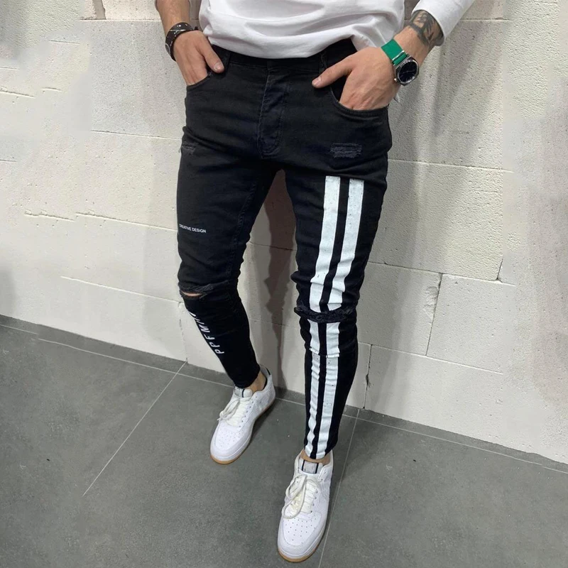 New European and American men's ripped elastic skinny jeans Trendy trousers for young students match fashion men's pants