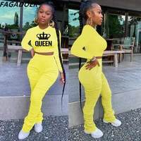 fagadoer fall winter fashion streetwear women queen letter print long sleeve crop top and stacked pants two piece set tracksuits
