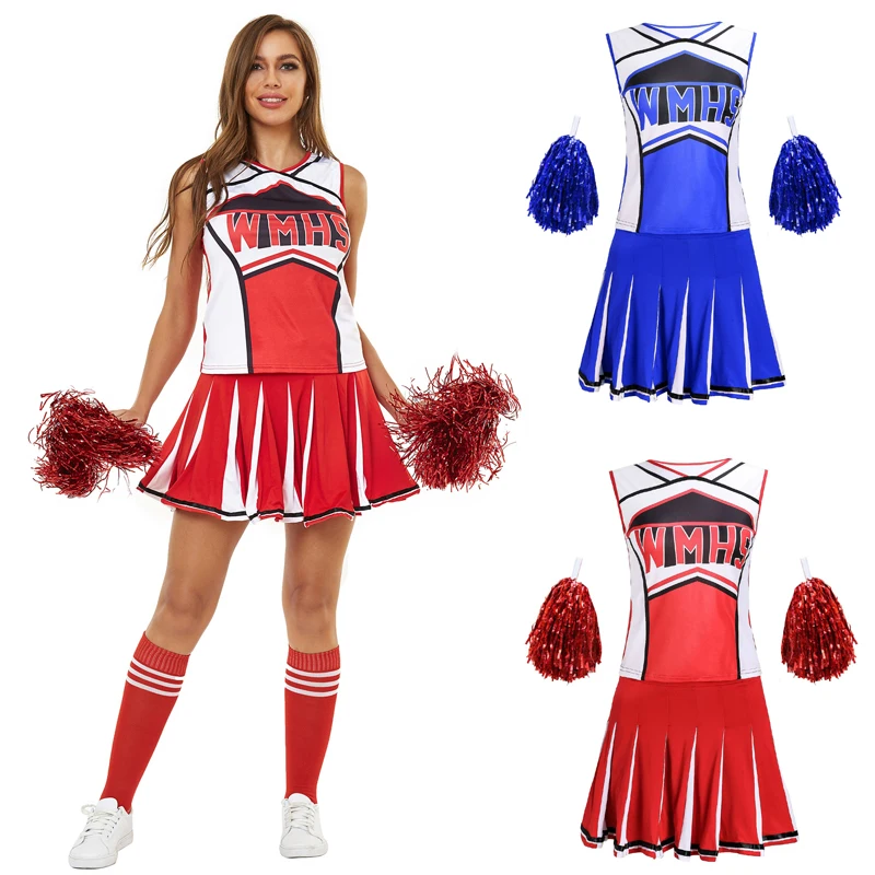 

Women Cheerleader Top Skirt Pompom Uniform Schoolgirl Cheerleading Cheer Costume Halloween Girl Sexy Gleeing Cosplay Outfit