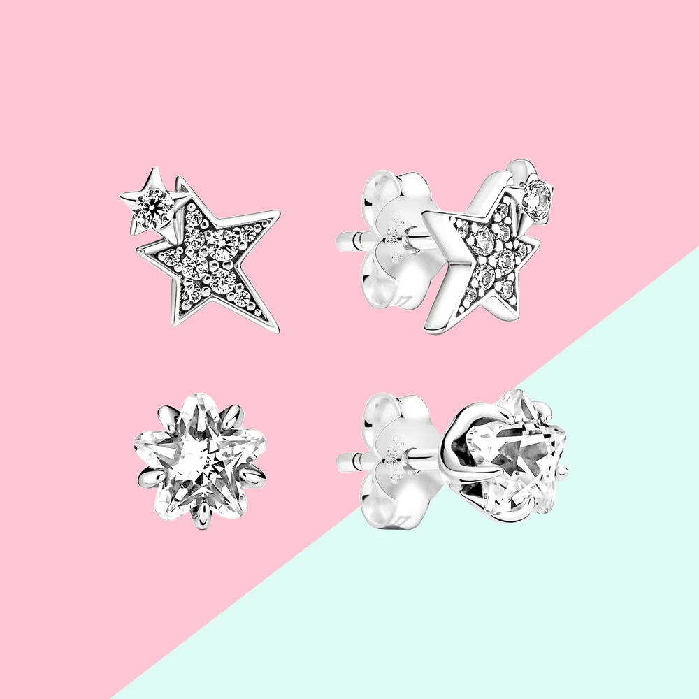 

New Hot S925 Silver Sparkling Natural Star Stud Earrings Fit for Pandora Birthday Wedding Party Engagement Women Jewelry Gift