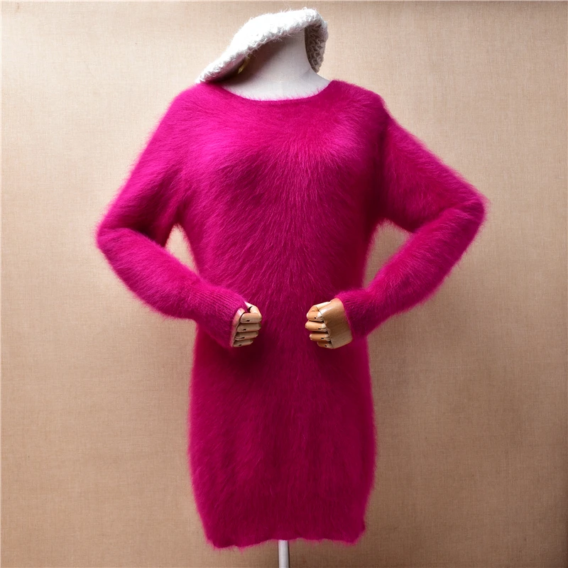 

Женская осенне-зимняя одежда, пушистая розовая норковая кашемировая вязаная облегающая блузка с круглым вырезом, длинный свитер, платье из ангоры