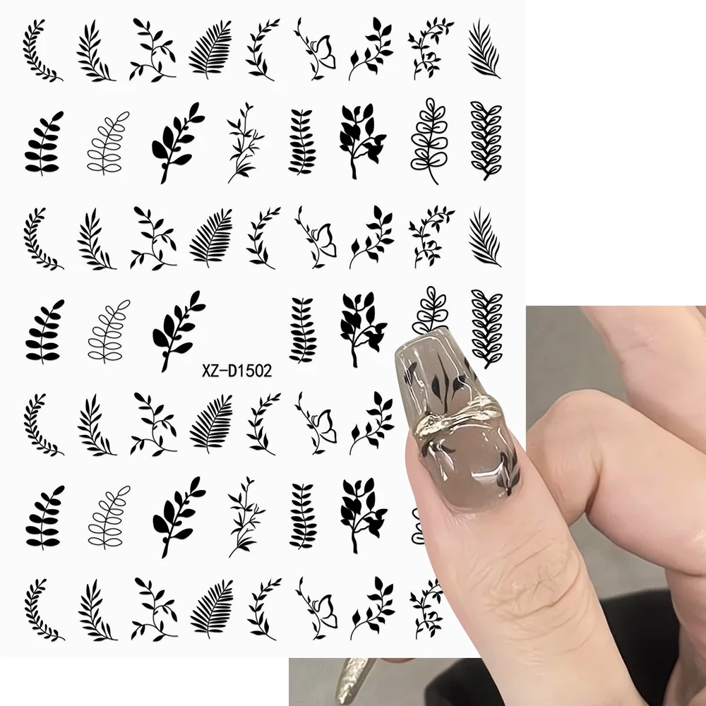 12 шт./компл. черно-белые чернила наклейки для ногтей с растениями и цветами роза
