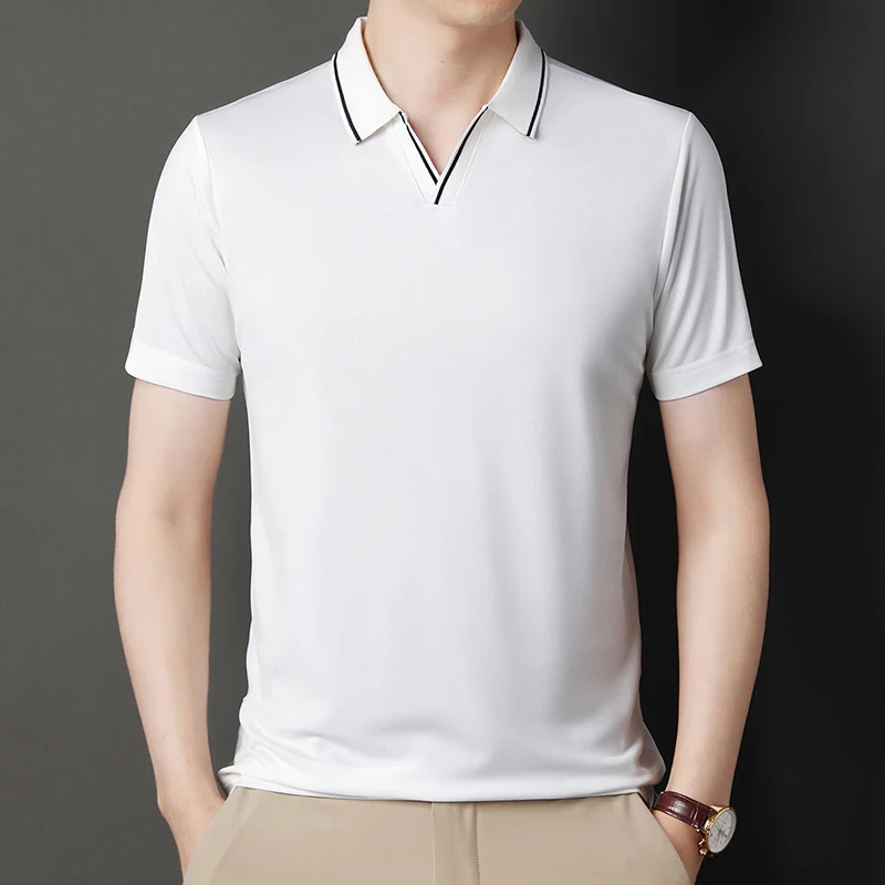 

CASUMANL 2023 Summer Men T Shirts Solid Color Striped Turn Down Collar Thin Men T Shirt Classics Business Casual Men Clothing