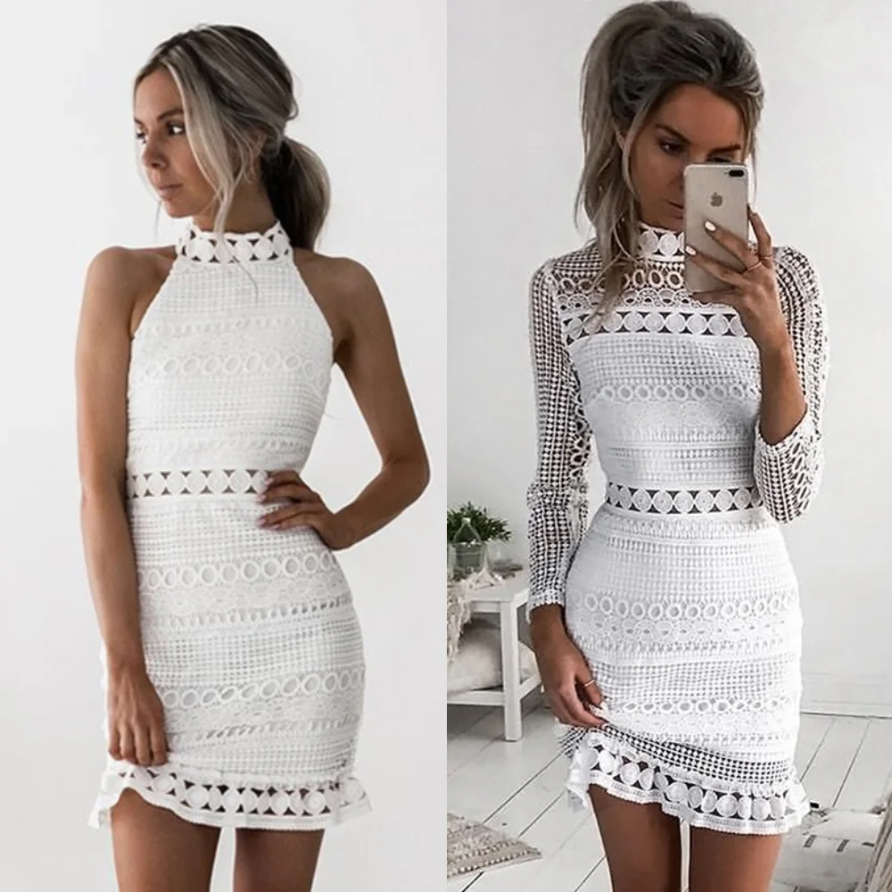 

2023 new Summer New White Dress Water Soluble Crochet Hollow Lace High Neck Waist Sexy Slim Solid Color Party Evening Dresses