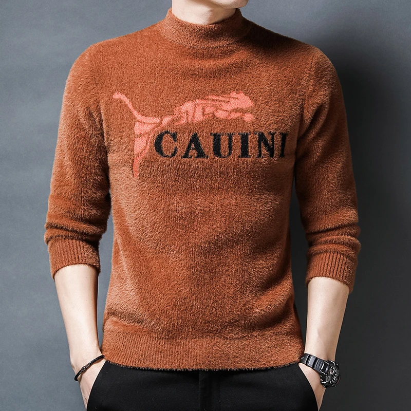Sweater New Top Imitation Mink New Fashion Brand Designer Pullover Knitted Jacquard Half High Neck Sweater Casual Men's Wear