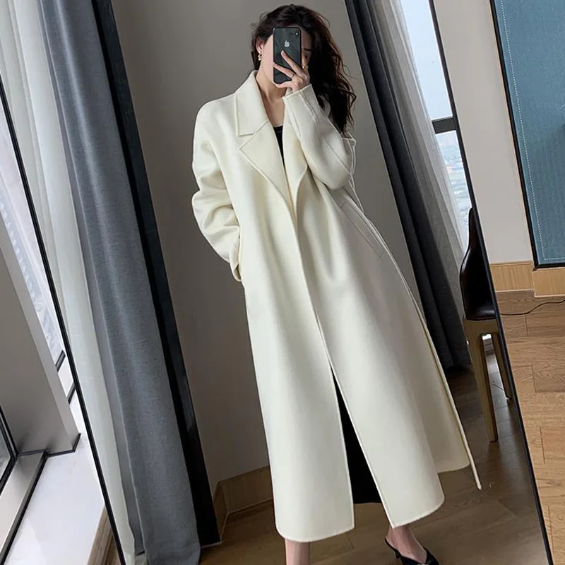 

A GIRLS Women Elegant Long Wool Coat With Belt Solid Color Long Sleeve Jackets Chic Outerwear Ladies Overcoat Autumn Winter