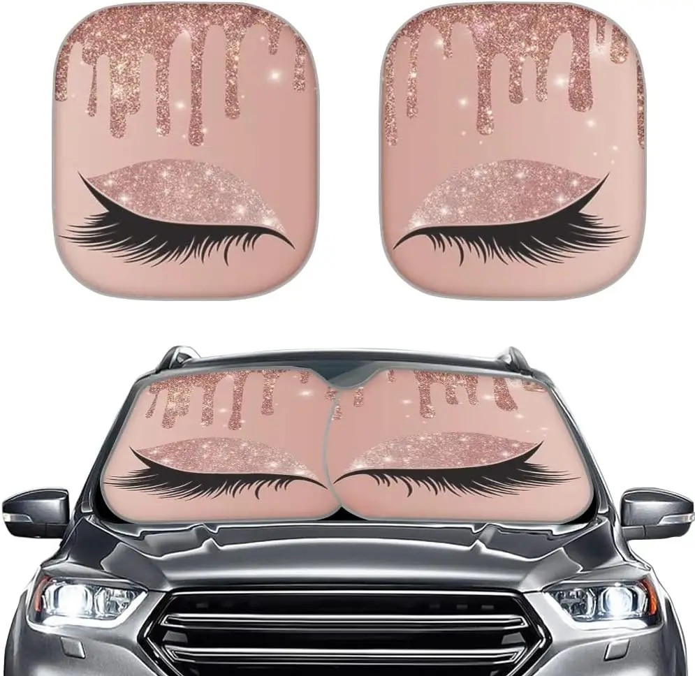 

2 Pieces Car Windshield Sun Shade Blocks UV Rays and Sun Heat Gorgeous Women Eyelashes Pink Eyeshadow Print Auto Sun Visor Mat