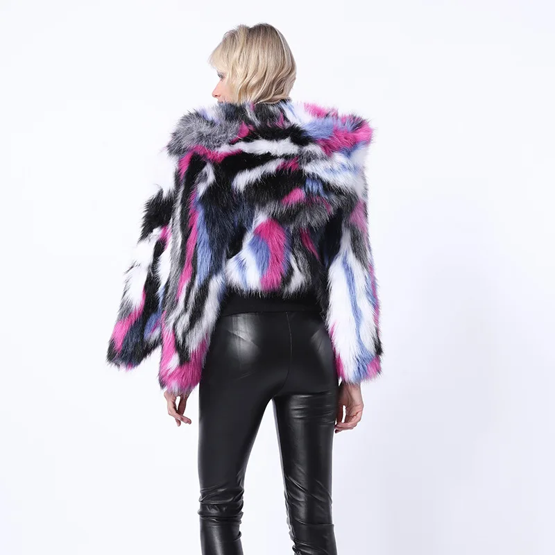 Women's Fur Jacket Mid-Length Fox Fur Colored Mosaic Fur Coat Female Furry Coat Female Faux Fur Coat