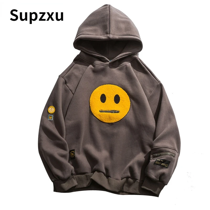 

Supzxu Zipper Pocket Smile Face Patchwork Fleece Hoodies Sweatshirts Streetwear Mens Hip Hop Casual Pullover Hooded Male Tops
