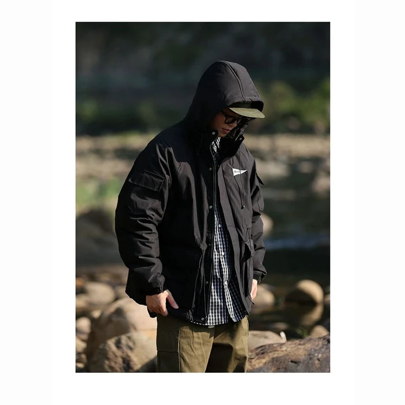 Men's Japanese thick hooded parka casual loose winter warm cotton jacket men's coat imitation silk cotton tooling jacket