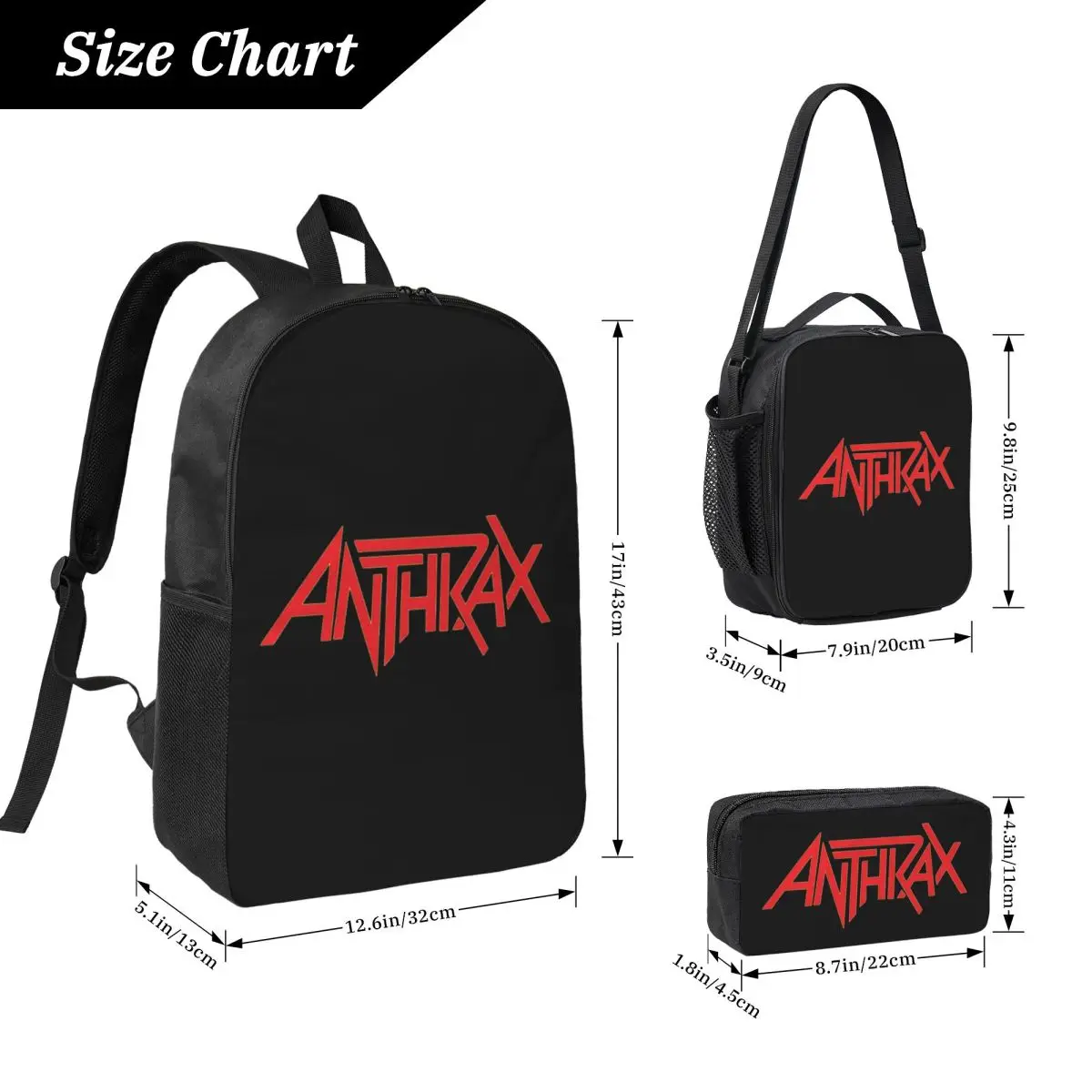 Фото Рюкзак с логотипом музыкальной группы Anthrax, сумка для книг для мальчиков и девочек, школьная сумка, сумки на плечо для компьютера, 3 шт., изолированная сумка для обеда, пенал №2