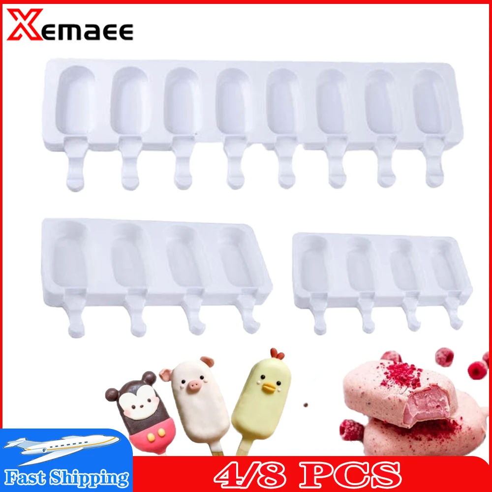 

Ice Cream Mold Homemade Dessert Molds DIY Big Size Popsicle Moulds Tray With Sticks Food Grade Silicone 4/8 Cavity Baking Tools