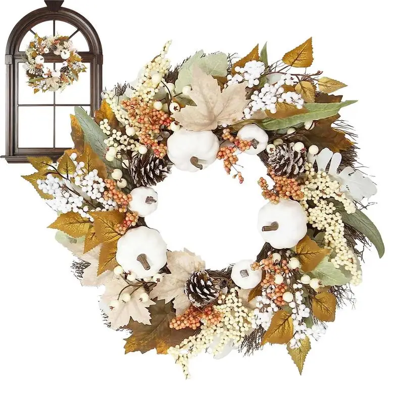 

Венок на День Благодарения, Осенний цветочный венок с искусственными осенними листьями, 17,7 дюйма, белый цветок тыквы, Декор