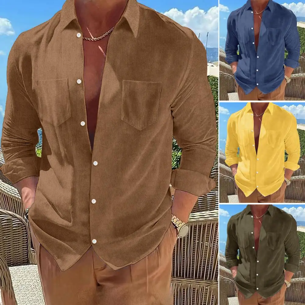 

Men Long Sleeve Corduroy Shirt Corduroy Business Shirts for Men Slim Fit Long Sleeve Single Breasted with Lapel Patch for Autumn