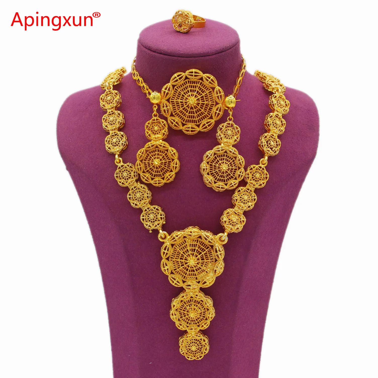 

Apingxun Dubai 24K Gold Color Luxury Necklace&Bracelet&Earrings&Ring Jewelry Set African Ethiopian Women Wedding Party Jewelry
