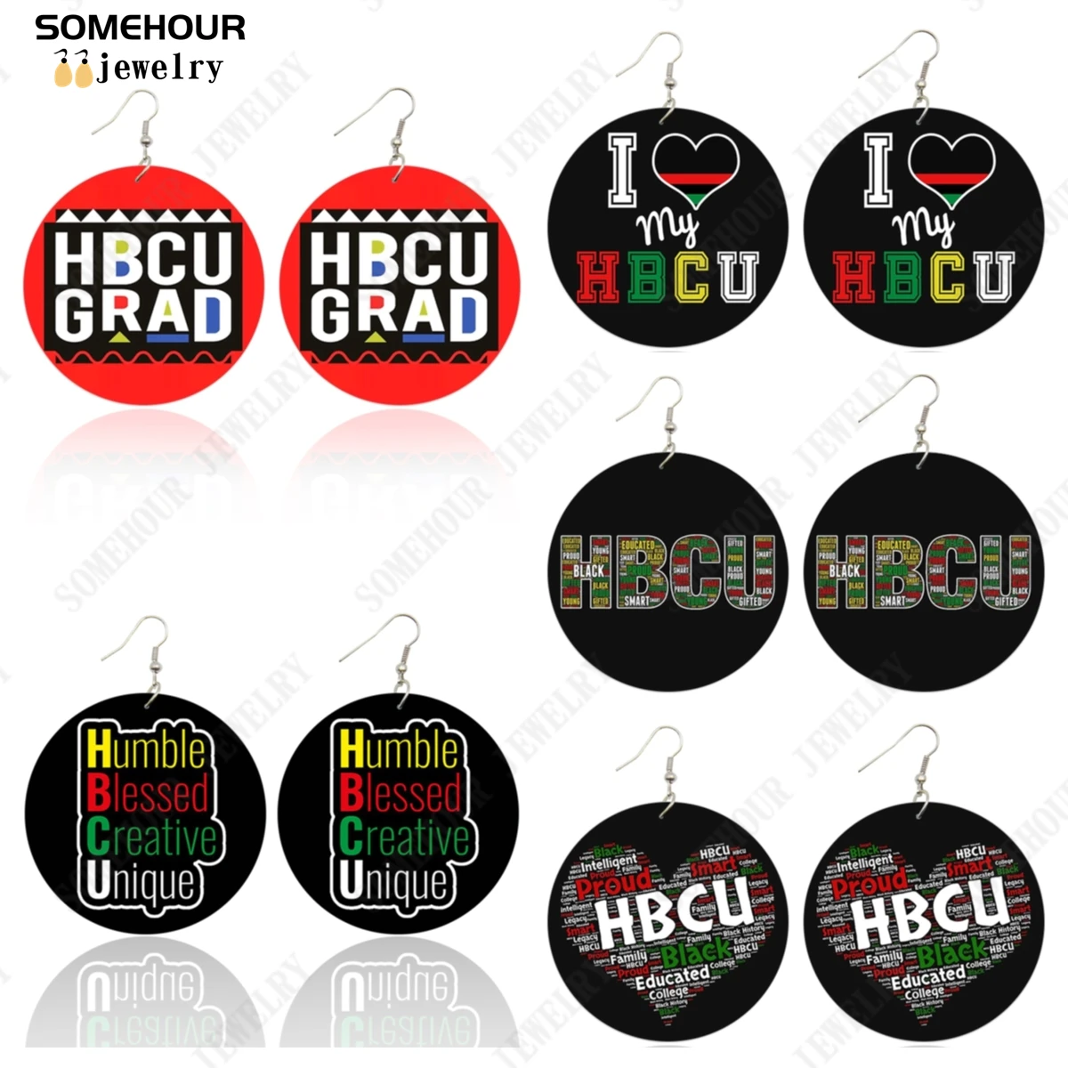 

SOMEHOUR Proud HBCU Educated Black Woman Wood Drop Earrings Humble Blessed Creative Unique Writing Print African Dangle Jewelry