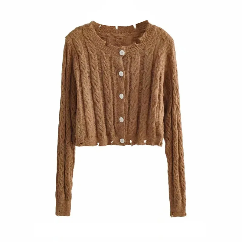 

2022 New Lazy Wind Hole Design Twist Knit Cardigan Women's Loose Sweater Short High Waist Long Sleeve Top Trendy