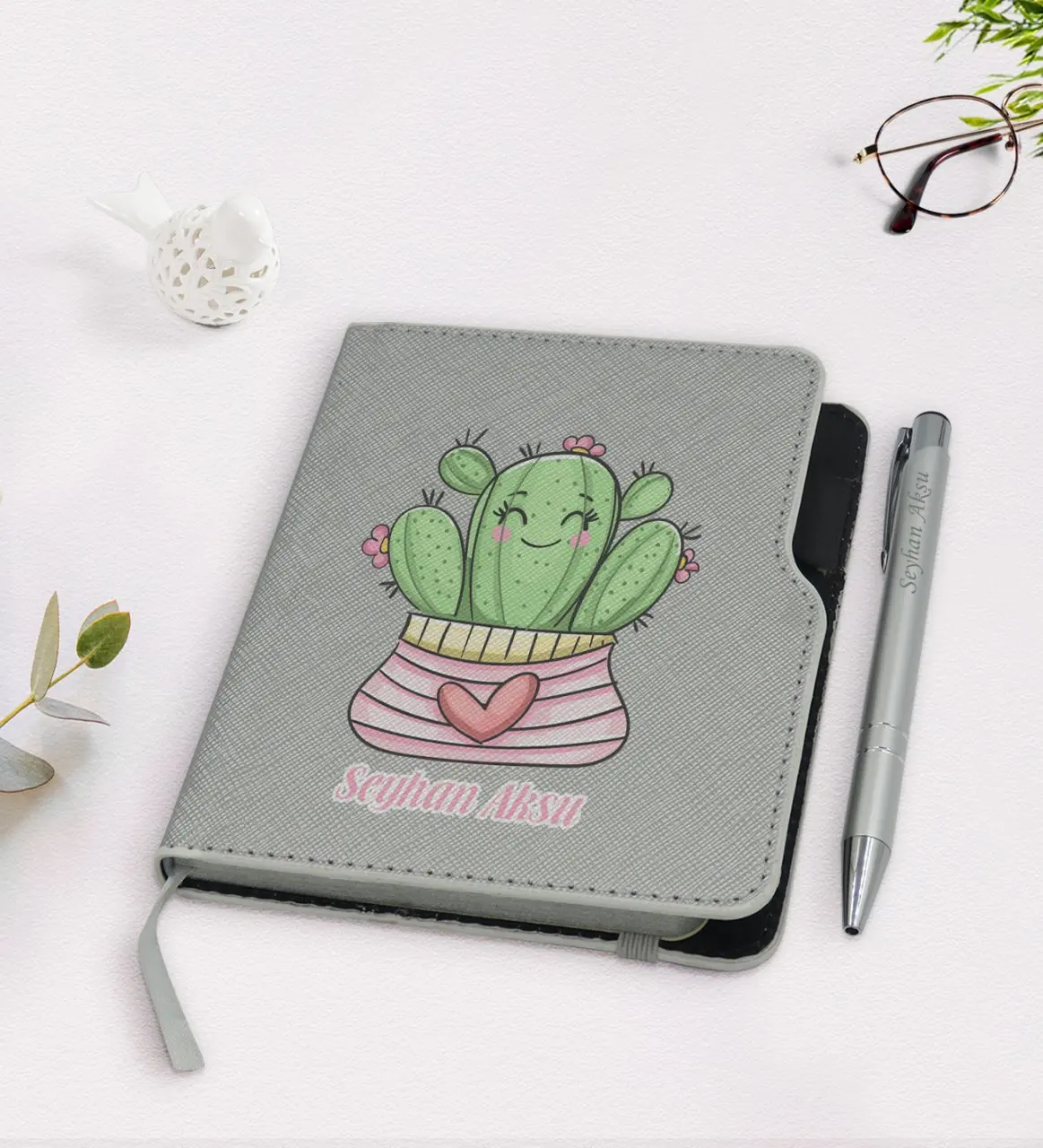 

Personalized Cactus Design Gray Thermo Leather Notebook Pen Seti-2