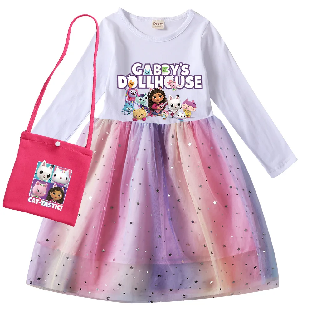Gabby Dollhouse Cats Dress Kids Wedding Party Sequin Dress Baby Girls Long Sleeve Dresses with Small Bag Birthday Gifts Vestidos