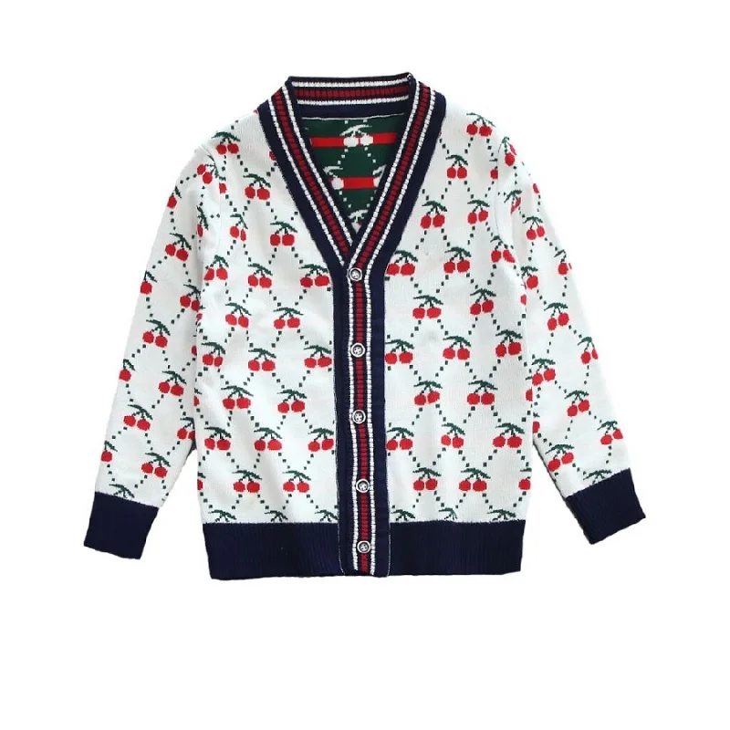 

Child Sweater Girl Knitted Cardigan With Cherry Double Layer Design Thick Warm V-neck Pure Cotton Spring Winter Cute Baby Coat