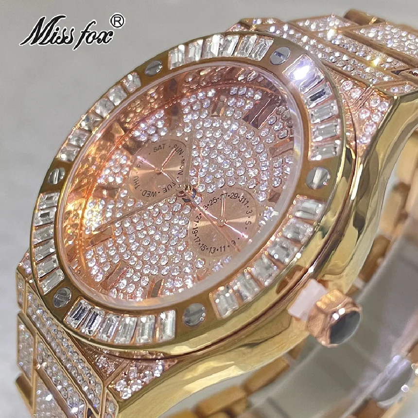 

Top Luxury Brand MISSFOX Rose Watch For Mens Fashion Iced Out Wrist Watches Diamond Clocks Male Gift Reloj Free Shipping Hombre