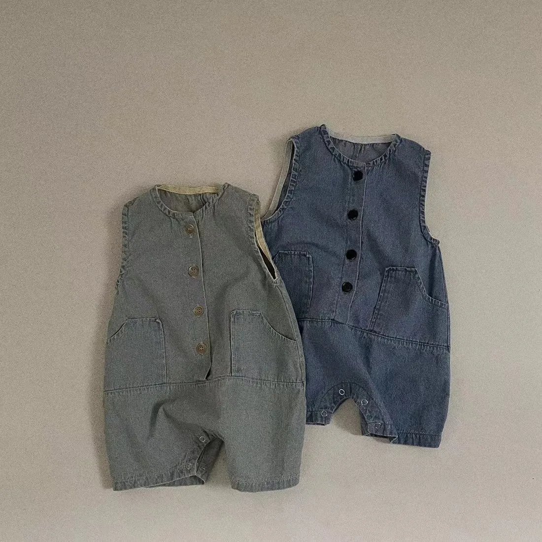 

Children Denim Jumpsuit Korean Style 2023 Spring and Summer New Fashionable Baby Solid Color Onesie Pocket Long Romper