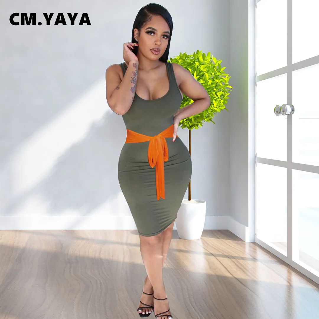 

CM.YAYA Women Sashes High Waist Sleeveless Tank Bodycon Midi Dress 2022 Summer Female Street Knee Length Dresses