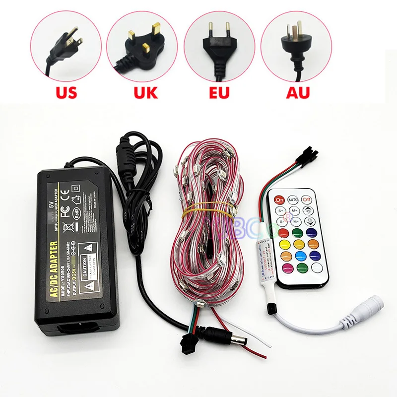 DC5V 50pcs 5050 RGB WS2812B Set Pre-soldered LED Heatsink 10cm Wire light Built-in WS2811 IC Power Adapter 21Keys Remote