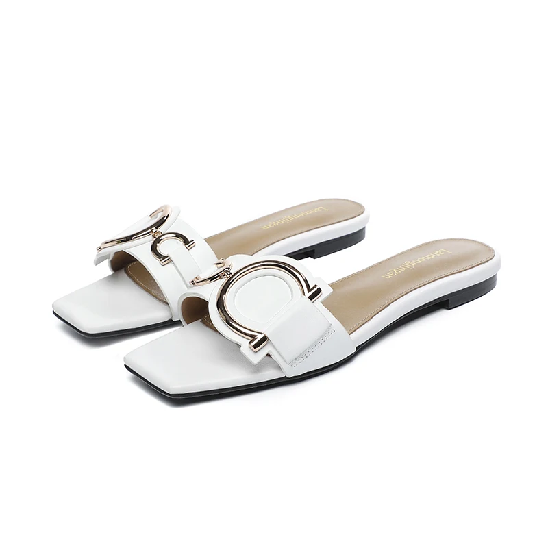 New flat bottom square leather slippers Cow leather upper Sheepskin inner fashionable metal button comfortable women's slippers