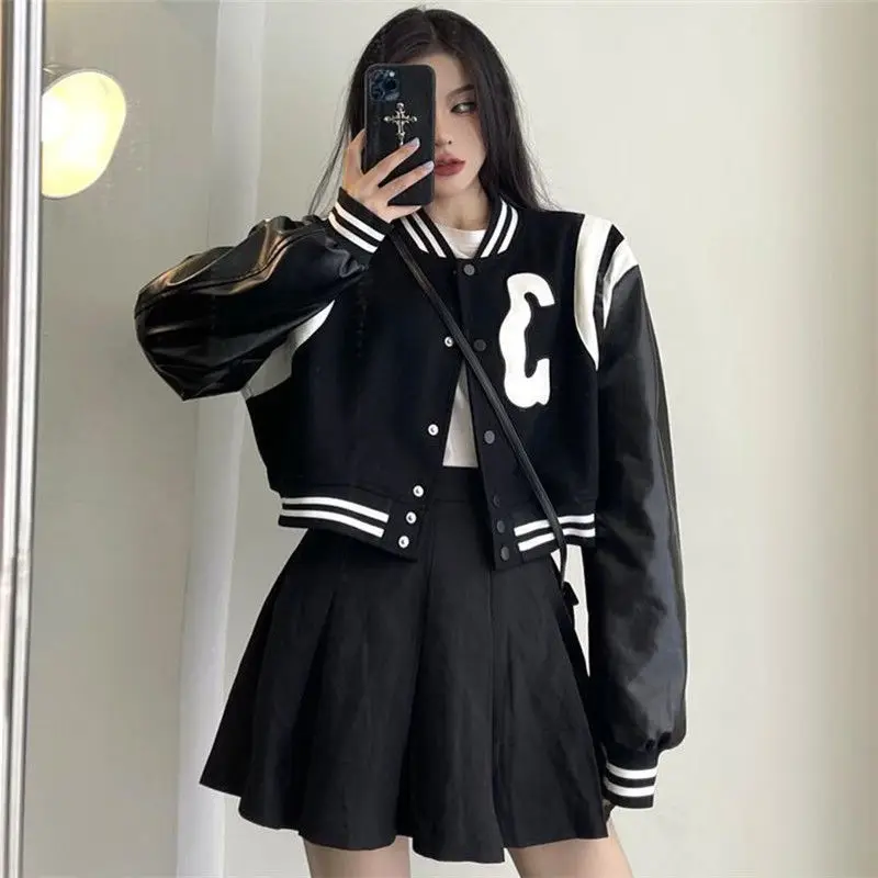 HOUZHOU Black Baseball Jacket Women Autumn College Leather Patchwork Gothic Long Sleeve Loose Cropped Jacket Korean Streetwear