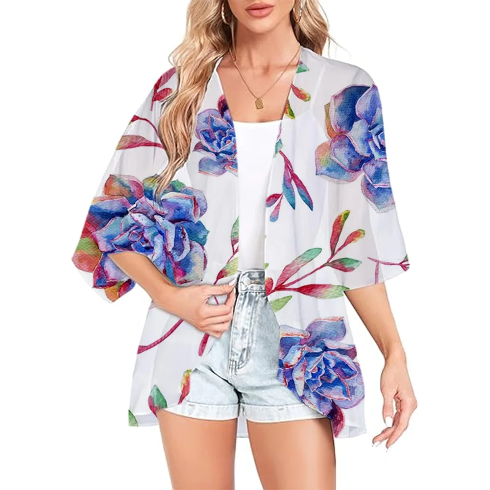 Женское летнее короткое кимоно с акварельной розой и 3D принтом кардиган в стиле